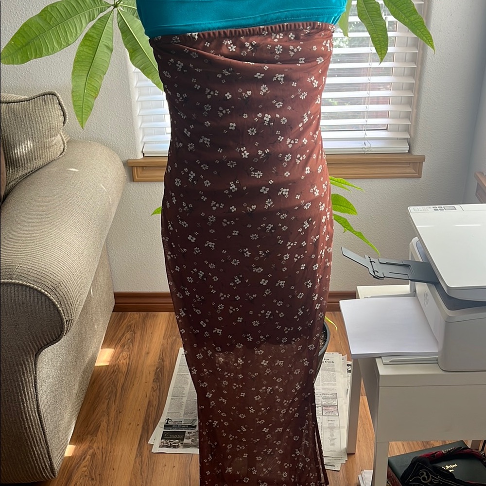 Brown Floral Strapless Maxi Dress